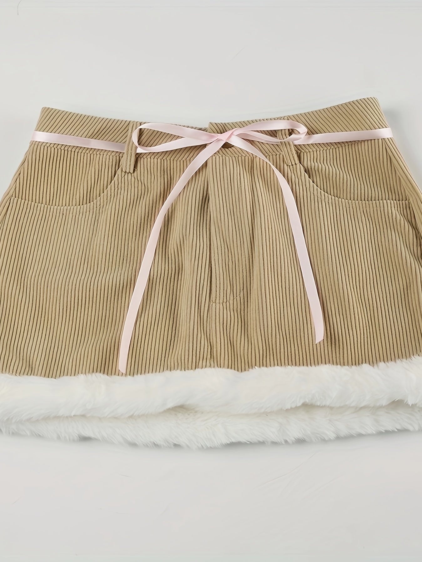 Women'S Autumn & Winter Faux Fur Trim Mini Skirt - Beige, Contrast Fur Detail, Adjustable Waistband with Bow, Stylish Shorts for Casual Attire, Casual Attire|Faux Fur Trim|Adjustable Waistband, Faux Fur Skirt